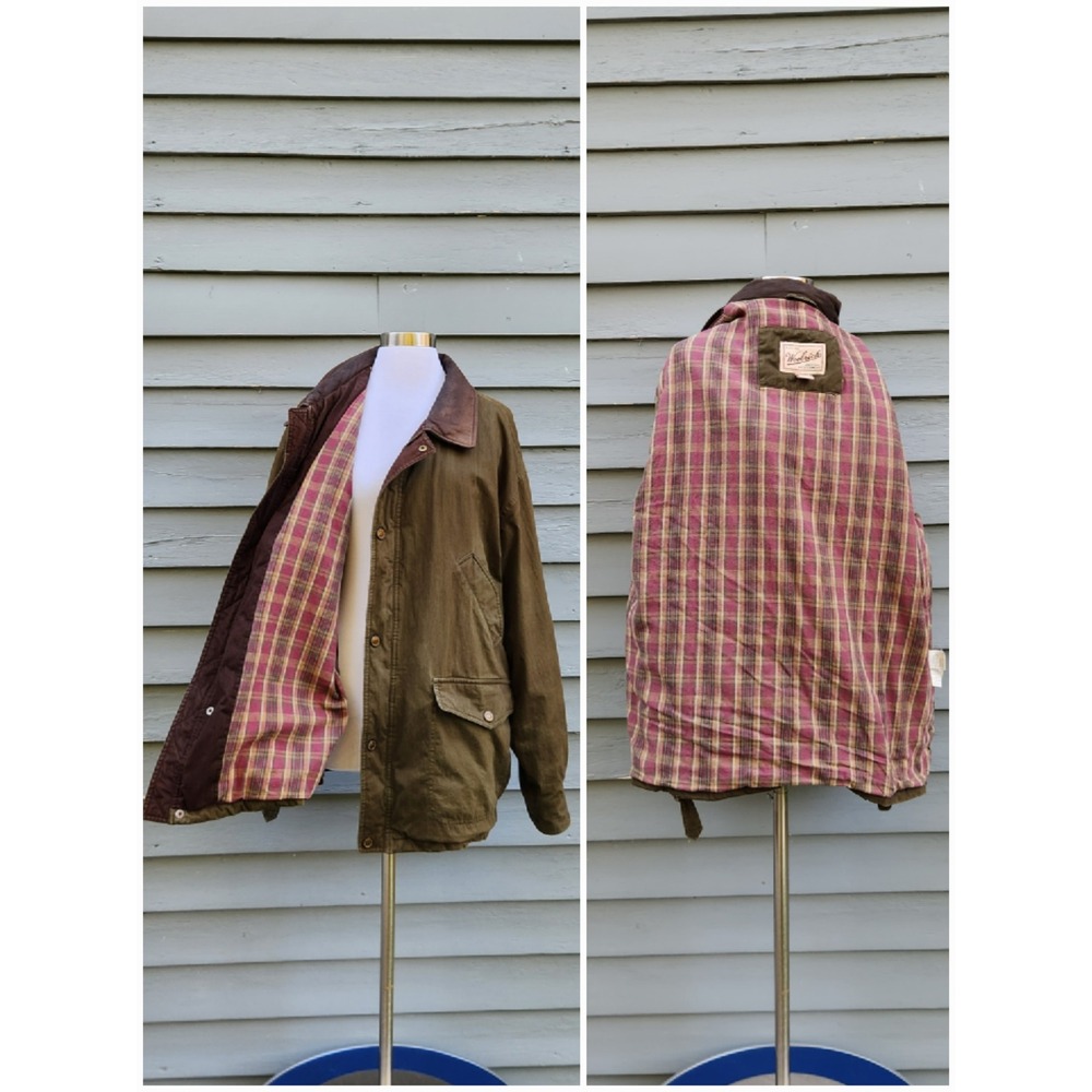 Woolrich Field Jacket Olive Green Vintage Plaid Lined Barn Coat XL